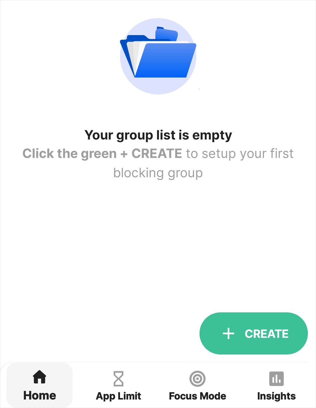 the Home screen showing a Create button in the bottom right corner