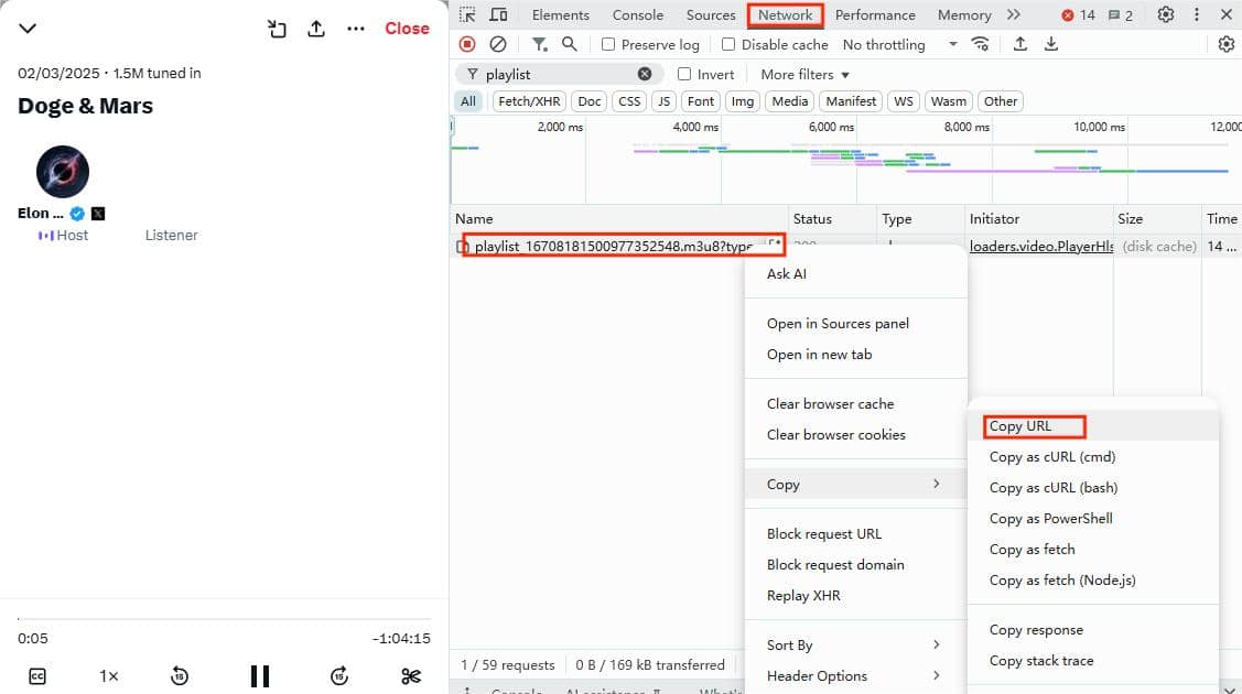 copy m3u8 url of the Twitter space