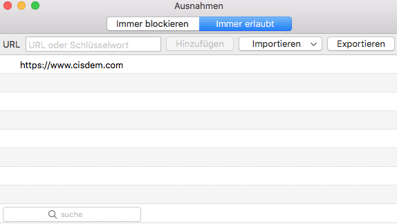 die Liste „Immer zulassen“.
