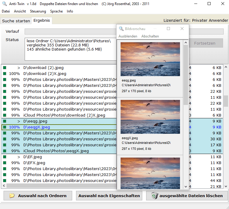 Anti-Twin freeware duplicate file finder for Windows