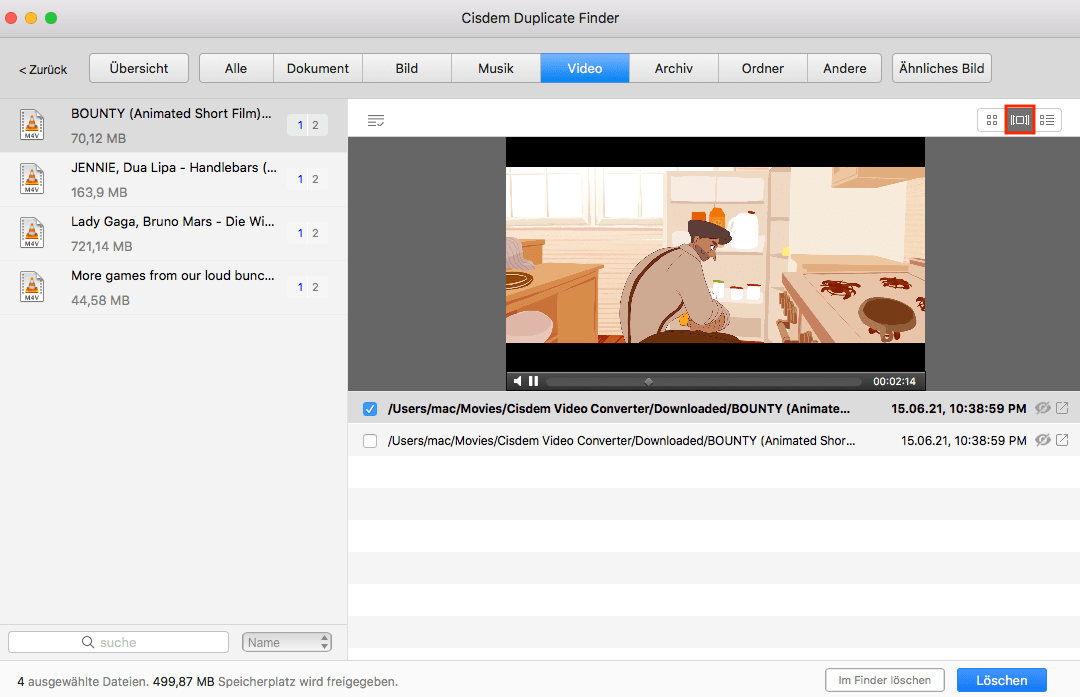 view, preview and delete the found duplicate videos