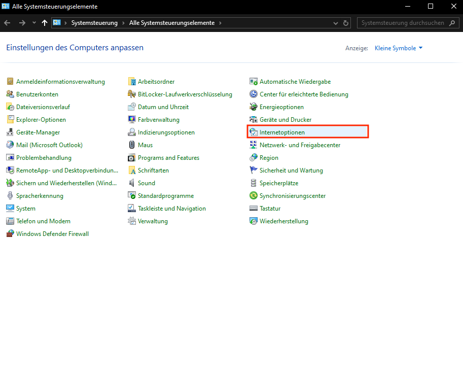auf Internetoptionen tippen