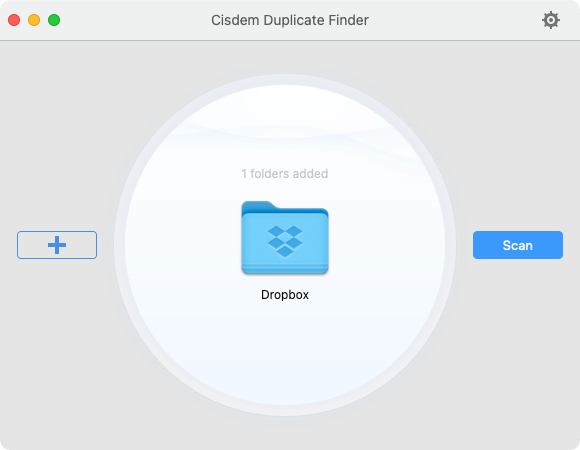 Cisdem Duplicate Finder screen on Mac showing a Dropbox icon and a message that saying 1 folder added