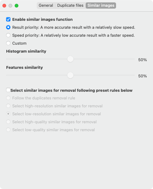 Similar Images screen showing several setting options