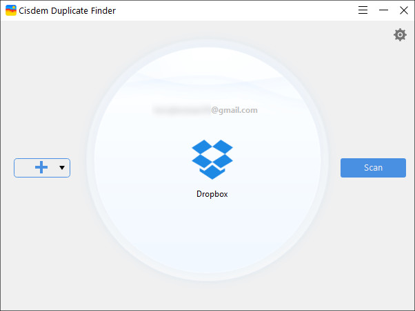 Cisdem Duplicate Finder screen showing a big Dropbox icon in the middle, with an Add button and a Scan button on each side