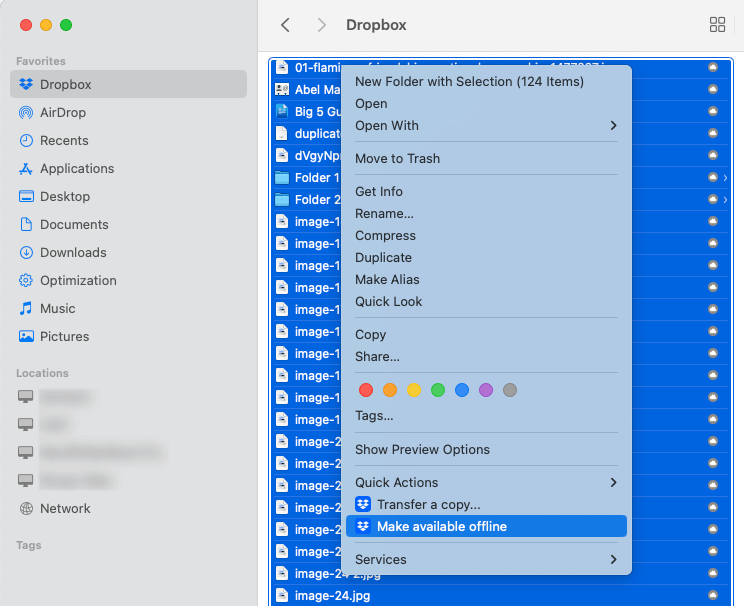 Finder screen showing that Dropbox in the left sidebar is selected and also showing a menu with the Make available offline option being selected