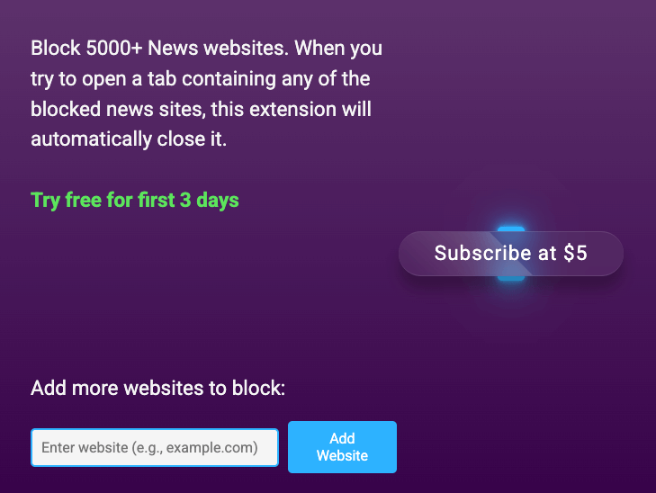 a page showing an Enter website box and a message that says Block 5000+ News websites