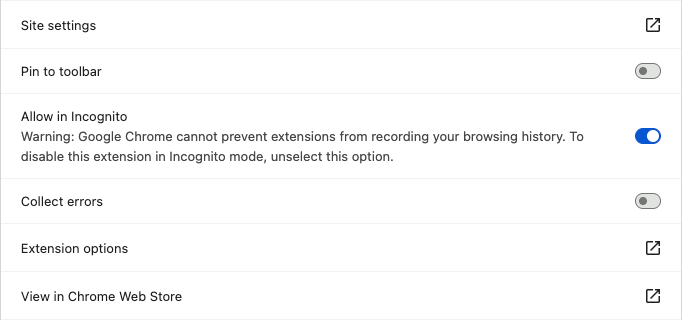 the switch next to the Allow in Incognito option is toggled to the on position