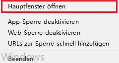"Hauptfenster öffnen" auswählen