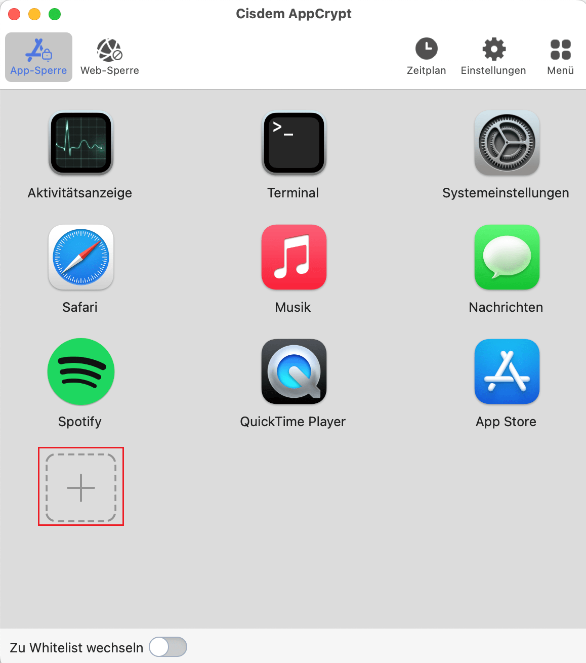 ein Screenshot des Hauptfensters mit der Registerkarte „App-Sperre“ in der linken Ecke