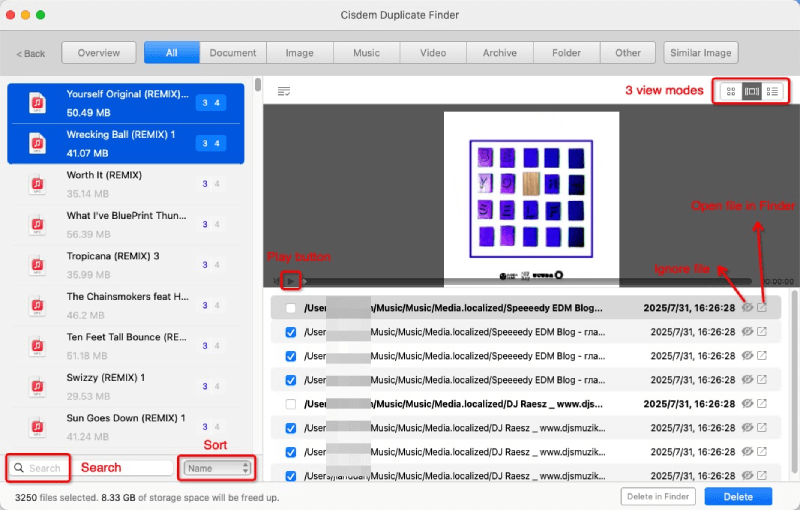 Cisdem Duplicate Finder's All tab showing several groups of duplicate songs on the left and a media player on the right