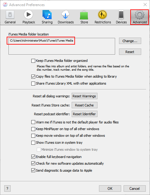 the Advanced tab in preferences showing the location of the iTunes Media folder