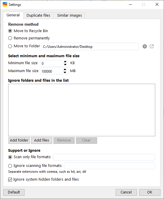 options to exclude or limit files and folders