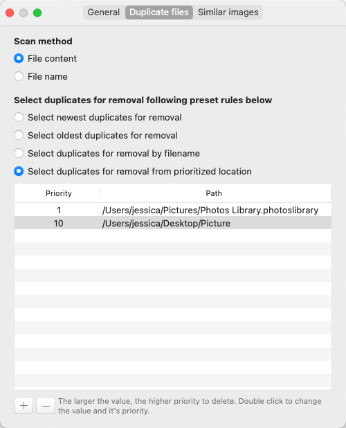 Duplicate Files tab in Settings