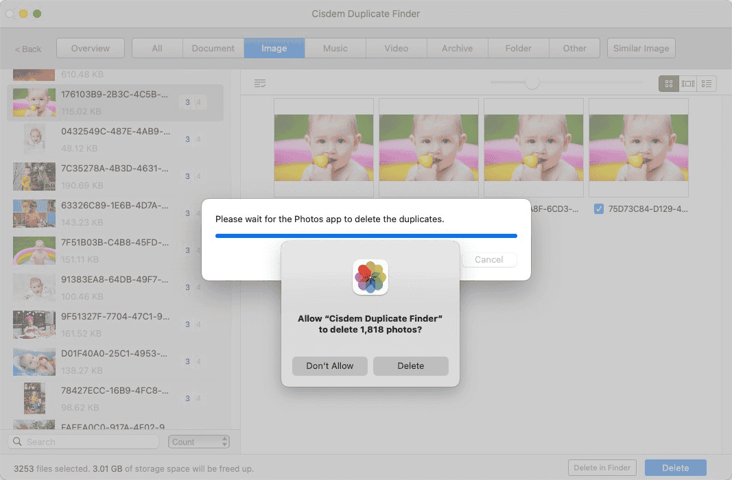 a dialog asking if a user allows Cisdem Duplicate Finder to delete photos