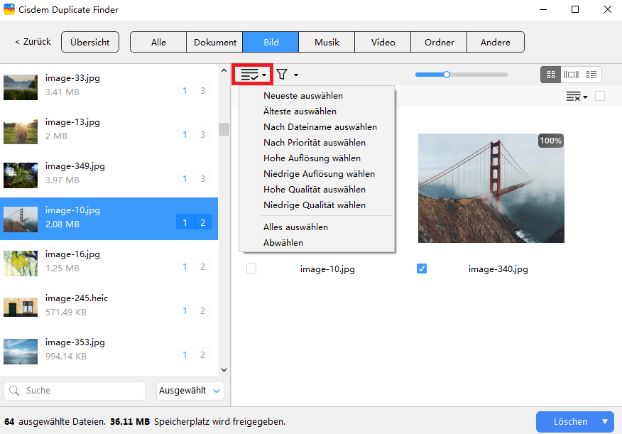 Alle Duplikate werden zum Entfernen ausgewählt