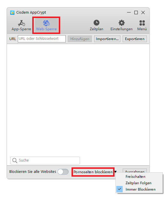 Nach einem Klick auf Web-Sperre klicken Sie auf unten Pornoseiten blockieren